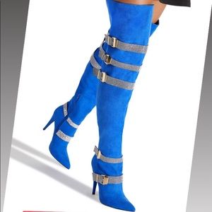 Blue rhinestones high knee boots